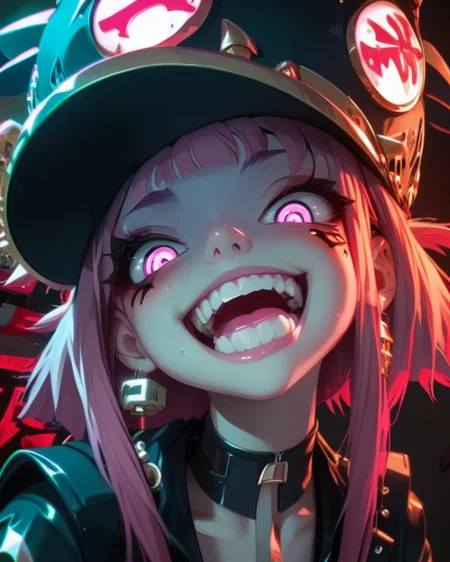 <lora:add-detail-xl:0.5>
<lora:Punk_Anime_XL:1>,
1girl, bangs, blunt bangs, close-up, cross, cross-shaped pupils, earrings, fangs, glowing eyes, hat, jewelry, looking at viewer, o-ring, open mouth, pink eyes, pink hair, portrait, smile, solo, teeth,