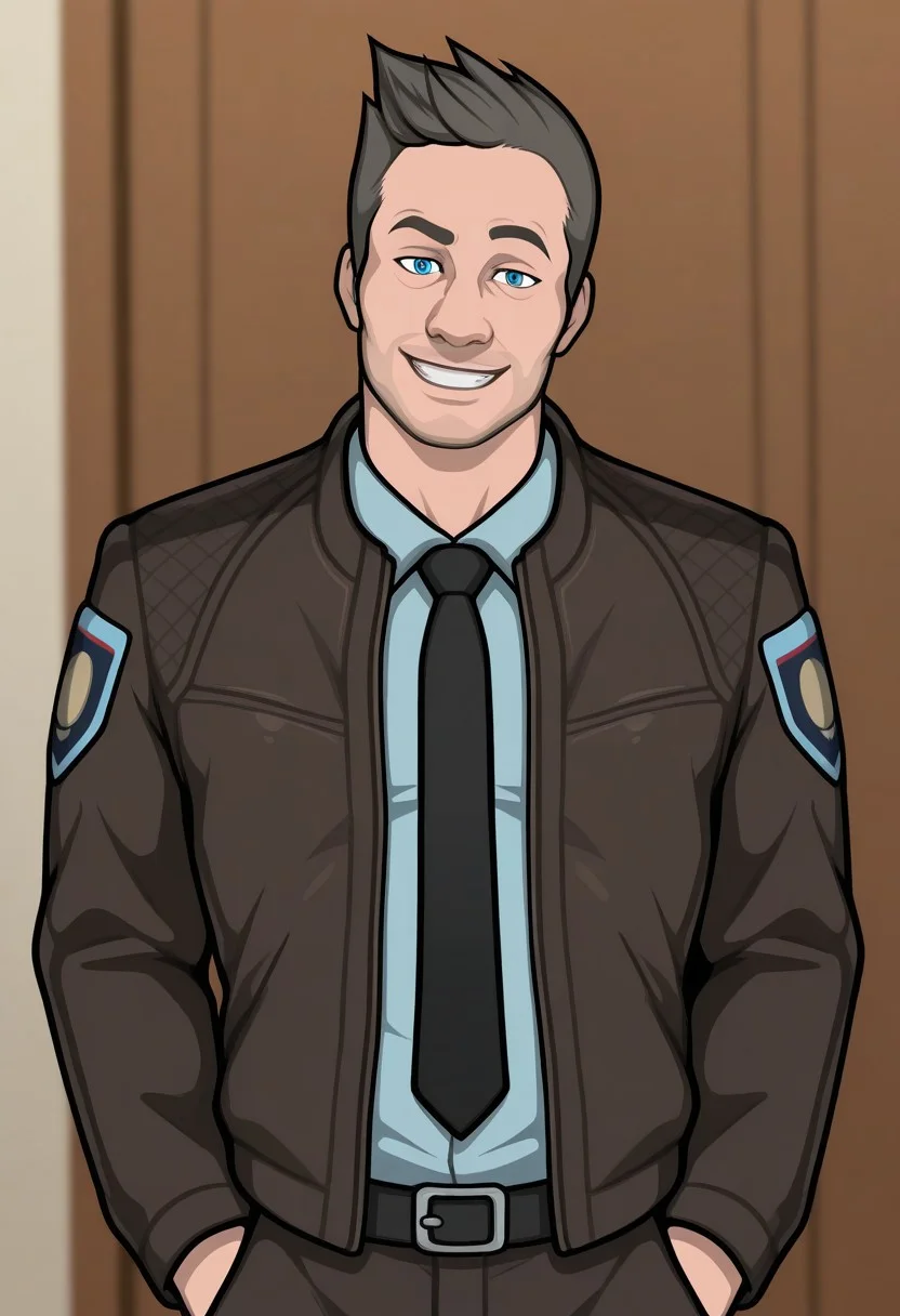 score_9, score_8_up, score_7_up, score_6_up, perfect anatomy, perfect proportions, best quality, masterpiece, high_resolution, high quality, best aesthetic, incredibly absurdres, highres, extremely detailed, huge filesize, solo male, adult, mature, masculine, manly, handsome, charming, alluring, standing, upper body, dutch angle, cowboy shot, perfect face,   source_game official style, David Jones, CCDavid, blue eyes, light brown hair, short hair, facial hair, stubble, CCDavid_outfit02, police uniform, light blue collared shirt, long sleeves, black necktie, brown police jacket, police department logos on sleeves, grin, seductive, low angle, from below