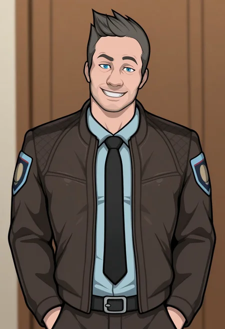 score_9, score_8_up, score_7_up, score_6_up, perfect anatomy, perfect proportions, best quality, masterpiece, high_resolution, high quality, best aesthetic, incredibly absurdres, highres, extremely detailed, huge filesize, solo male, adult, mature, masculine, manly, handsome, charming, alluring, standing, upper body, dutch angle, cowboy shot, perfect face, source_game official style, David Jones, CCDavid, blue eyes, light brown hair, short hair, facial hair, stubble, CCDavid_outfit02, police uniform, light blue collared shirt, long sleeves, black necktie, brown police jacket, police department logos on sleeves, grin, seductive, low angle, from below