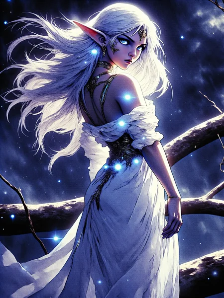 very detailed and aesthetic image of a stunningly beautiful, gorgeous elven woman with ethereal features in an ancient forest at night, facing the viewer in a dynamic pose, she has long pointed ears and very long, detailed, silky white hair swept by a soft breeze, her eyes are detailed and captivating with a slight magical glimmer, she is wearing a long, flowing gown of luxurious, white translucent fabric, a soft glow emanates from her body, creating a subtly glowing aura, the background consists of a surreal dreamscape during twilight, with soft backlighting and light passing through her hair, her detailed, glowing, magical blue eyes add an otherworldly charm to the scene, the atmosphere is ethereal and dreamlike, with diaphanous elements blending into the misty forest surroundings, accentuating the mystical beauty of the elf, <lora:style-retro_anime-flux-by_lizardman245:1.2> <lora:image_enhancer-flux-by_dever:1.0>