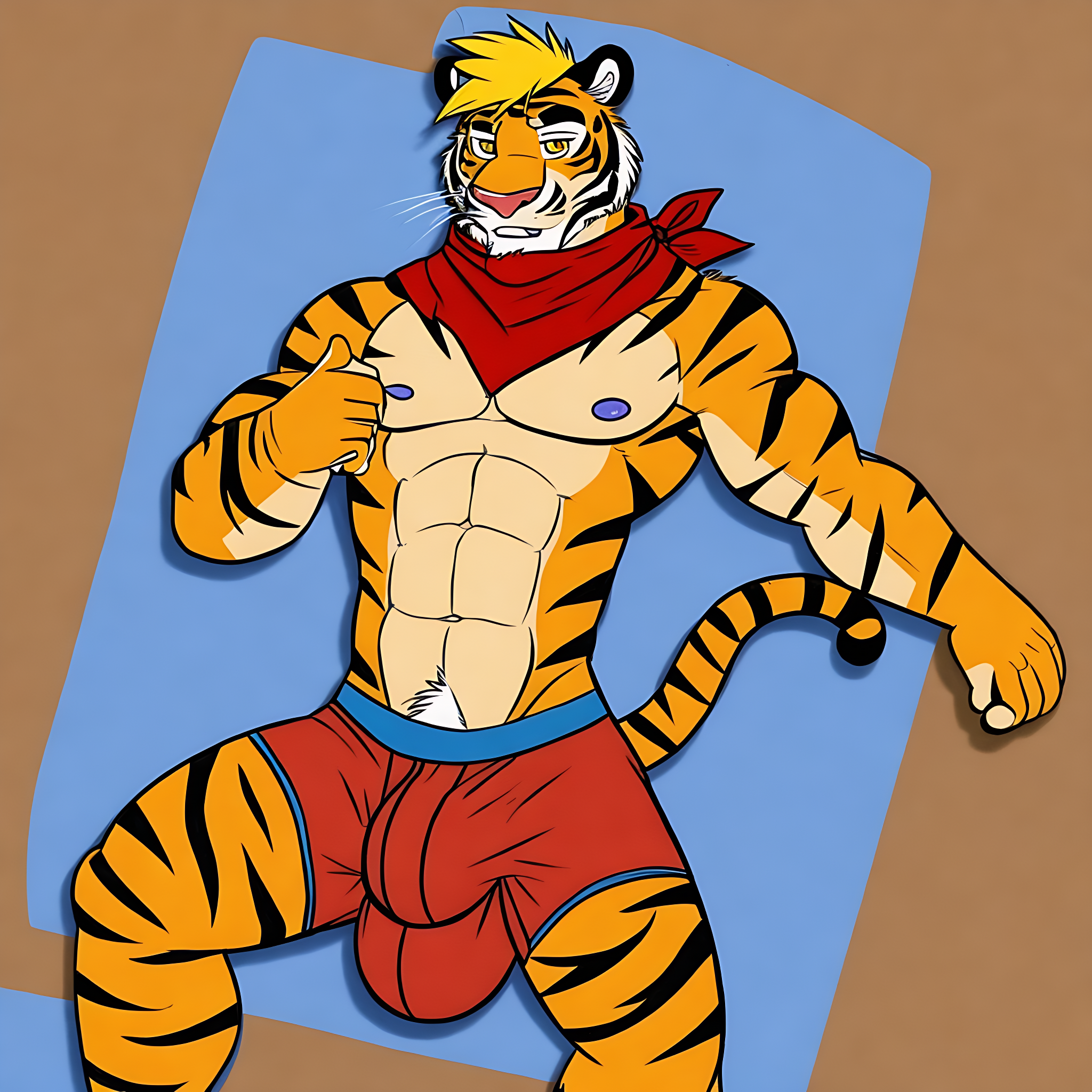 cartoon style, cartoon, anthropomorphic, male, tiger, black pupils, yellow eyes, blue tiger nose, muscular, bara, sexy pose, long lion tail, boxers, bulge in boxers, large penis, grinning