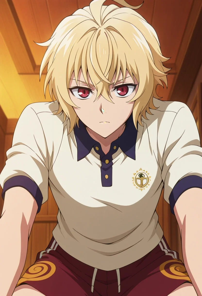 masterpiece, best quality, intricate details, anime screencap, anime coloring, official style, looking at viewer, 1boy, solo, male focus, <lora:mikaela_hyakuya_ilxl:0.9>, mikaela_hyakuya, blonde hair, red eyes, short hair, hair between eyes, bangs, ahoge, , , Brocade Sweatshorts, Light orange Batik Seersucker Pique polo shirt, , ,