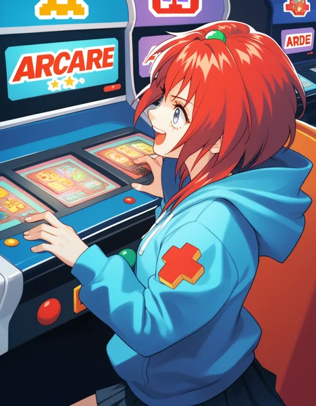 score_9, score_8_up, score_7_up
<lora:maypia-alexymetalia-ponyxl-000050:1> m4yp1a, red hair, blue eyes, hoodie, skirt,
1girl, solo, arcade cabinet, arcade, excited, from side