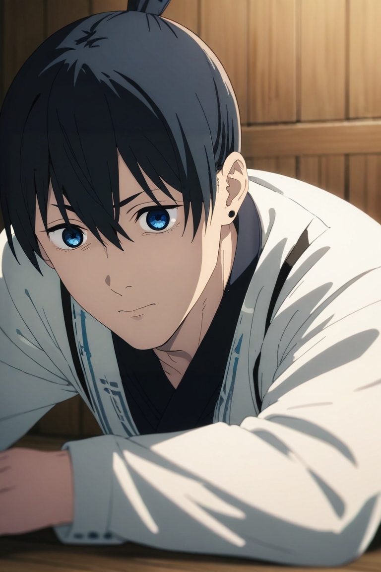 score_9, score_8_up, score_7_up, source_anime, rating_safe, , (3d:0.4), , depth of field, 1boy, solo, male focus, <lora:aki_hayakawa_pony:0.92>, aki_hayakawa, black hair, blue eyes, bangs, hair between eyes, , , asymmetrical, prairie, noon, lying, on stomach, squinting, , <lora:sdxl_lightning_8step_lora:1>