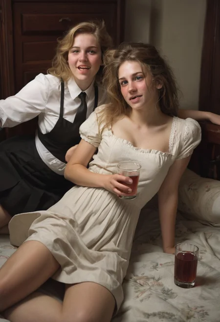 Darker lighting and atmosphere. Sensual and turned on by each other. Drinking sacrament wine.  More drunk. One woman has large breasts.Hyper realistic. More drunk and wasted. Two Mormon sister missionaries getting drunk in their apartment after a long day proselyting. They are obviously visibly very intoxicated.  Leaning together lovingly. Very drunk eyes. Very drunk sultry eye contact. more drunk expression. Disheveled hair. (((Falling, tripping, staggering, dizzy, sleepy))). (((blackout drunk))).Realistic skin. Film grain. Typical lighting wearing a nice modern dress. (((20 year old Mormon Temple square sister  missionary))). Her hair is very disheveled. She drank a lot of tequila(((heavily lidded, drunk eyes))) incoherent, and completely hammered.
 (((incoherent, wasted))) very  drunk. realistic photo.{{{increasingly wasted}}} after having way too much to drink.  (((falling down))) drunken expression. cinematic lighting. (((Flirting))). Soft contented smile. She's completely wasted and wants to have sex tonight.