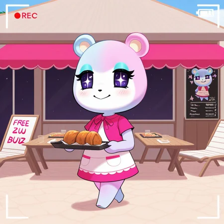 best quality, masterpiece, Full Body, Romantic, Small, Body, Furry, judyac, animal crossing, 1girl, solo, furry, bear, two-tone fur, light pink fur, light blue fur, white muzzle, purple eyes, star pupil, blush, blue eyeshadow, pink dress, beach, restaurants, serving food, carry tray, walking, outside lobby, board walk, beach chair, beach table, umbrella, recording, sign of buzz, sign said buzz sign writing say buzz, smile, holding a sign, sign said " free_buzz_food", writing buzz