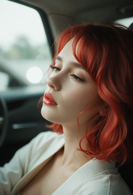 close up shot, 19yo woman, lipstick, hair waist-length red hair, bangs covering the left side of her face with a wavy mid-back length red hair strand resting on her left shoulder and her eyes are brown, kimono. shallow depth of field, vignette, highly detailed, high budget, bokeh, cinemascope, moody, epic, gorgeous, film grain, grainy，sad, sentimental, gloomy, 