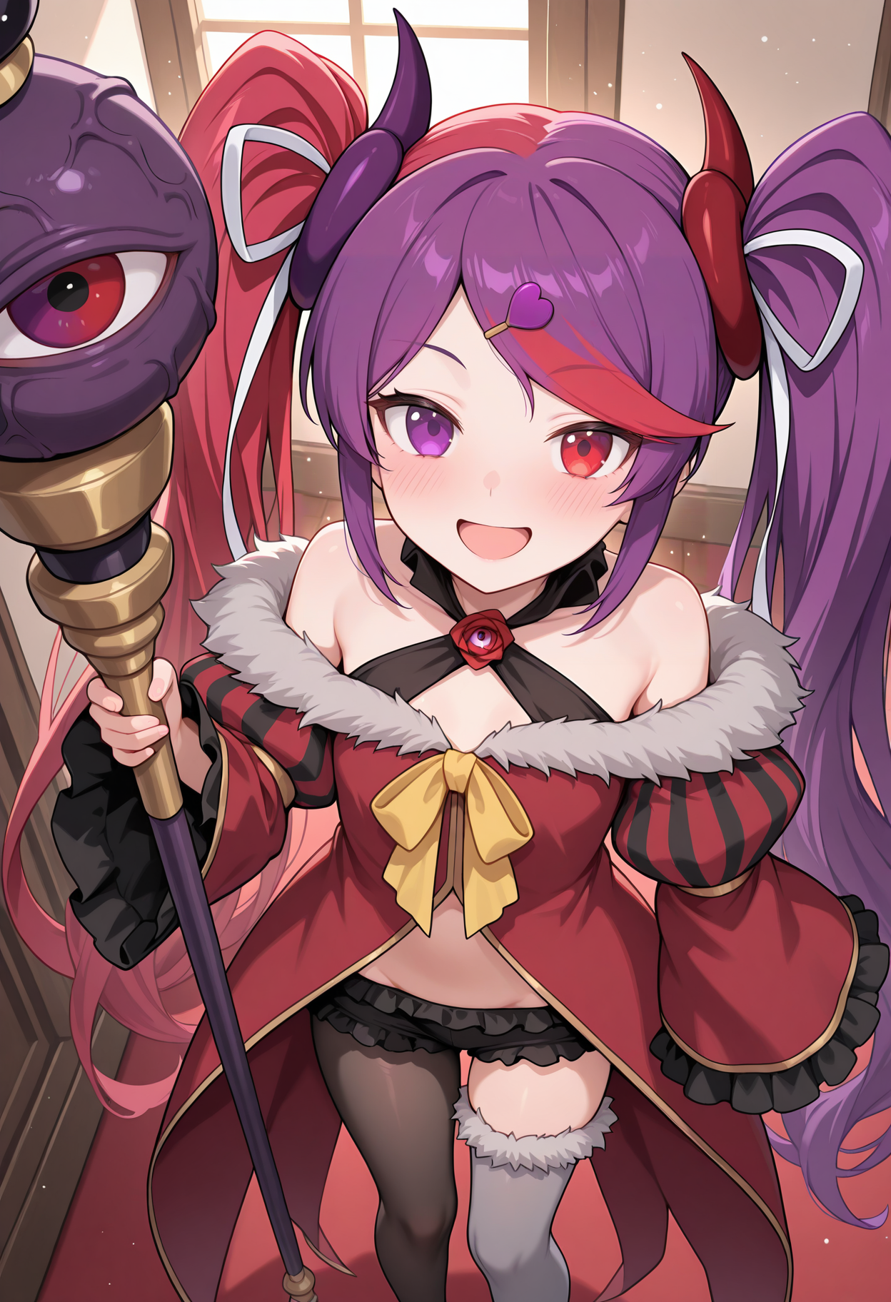highres, best quality, masterpiece, indoors, light particles,
1girl, solo, pcrmski, two-tone hair, red hair, purple hair, streaked hair, very long hair, heterochromia, red eyes, purple eyes, horns,
pmskidef, twintails, hairclip, broken heart, broken heart hair ornament, yellow ribbon, white ribbon, rose, red dress, fur-trimmed dress, criss-cross halter, bare shoulders, white fur trim, off-shoulder, puffy long sleeves, wide sleeves, frilled sleeves, striped sleeves, black frills, showgirl skirt, midriff, black shorts, short shorts, lowleg shorts, frilled shorts, single leg pantyhose, black pantyhose, grey thighhighs, fur-trimmed thighhighs, single thighhigh, asymmetrical legwear, 
looking at viewer, blush, smile, open mouth, 
standing, from above,
eyeball, holding staff, veins,
<lora:_misaki_pcr-elesico-ilxlA:1>