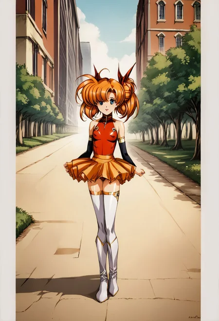score_9, score_8_up, score_7_up, detailed, intricate details, chromatic aberration, realistic, veins source_anime, kuroinukaguya, , (best quality) , (highly detailed) ,((masterpiece)), ((best quality)), (ultra-detailed), ((extremely detailed)), (high resolution), 4K, (8K), best quality, (beautiful), (dynamic lighting), (super detailed skin), sharp focus, (1_girl, solo focus), score_9,score_8_up,score_7_up,anime coloring BREAK source_anime,anime,
fantasy,1girl,solo, big eyes
<lora:tiaris_p_v1.7:1>,tiaris,t_clothes,aqua eyes,shiny hair,orange hair,twin tails, red leotard,detached sleeves,white mini skirt,white knee boots,<lora:Fixhands_anime_bdsqlsz_V1:1>,
looking_at_viewer,
full body,posing,,castle,city,, masterpiece,best quality, very aesthetic, absurdres, ultra detailed, high resolution, 4k, extremely detailed CG,<lora:detail_slider_v4:0.8> , dynamic pose, (arms behind her head), <lora:Esther Rosenthal-000004:0.7>, forest, light rays, grass, forest path, Face Focus, Upper Body detailed eyes、detailed face and detailed skin <lora:add-detail-xl:1.0>