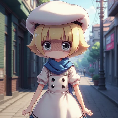 score_9,score_8_up,score_7_up,high quality,perfect dim light,very detailed,many details,masterpiece,solo,1girl,a young girl standing in a commercial plaza,ozawarina,dress,white beret,blue skirt,shaded face,blue scarf,mackenzie,blonde hair,short hair,grey eyes,(dark brown thights),expressionless,<lora:mackenzie-v1-pony:1>