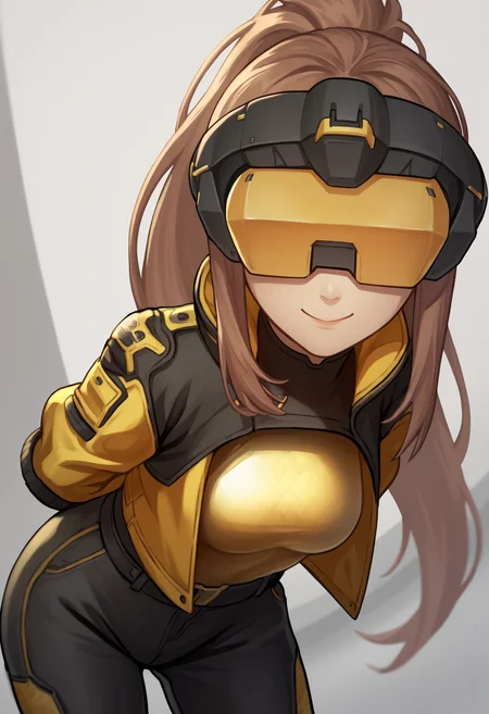 score_9, score_8_up, score_7_up, source_anime BREAK 1girl, solo, <lora:idollflower-nikke-richy-v1_pdxl:1>idllflwr, head-mounted display, covered eyes, brown hair, very long hair, ponytail, jacket, crop jacket, yellow bodysuit, gloves, black pants, arms behind back, smile, leaning forward