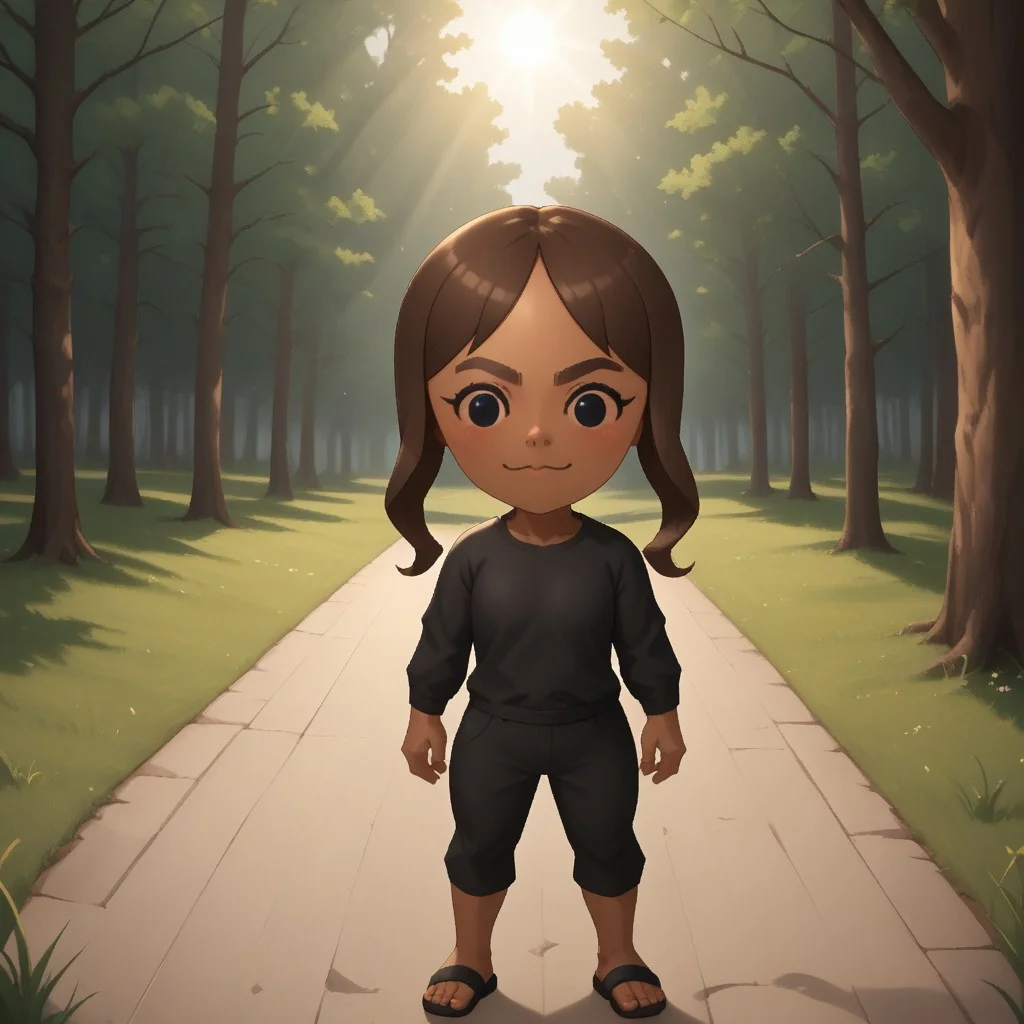 score_9, score_8, BREAK, solo, mii, wii, wii sports, female mii, 1girl, brown hair, black eyes, brown eyebrows, dark skin, blush, black clothing, black pants, sandals, breasts, cute, Chika_(Wii_Sports), nintendo mii, modern_mii, classic_mii, sexy pose, smile, outdoors, sunlight, shadows, evening lighting, natural lighting, forest, trees, grass, orange sky, sunset