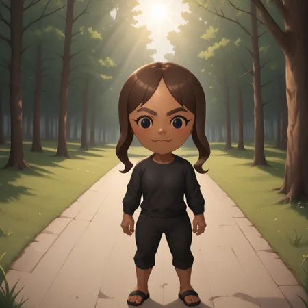 score_9, score_8, BREAK, solo, mii, wii, wii sports, female mii, 1girl, brown hair, black eyes, brown eyebrows, dark skin, blush, black clothing, black pants, sandals, breasts, cute, Chika_(Wii_Sports), nintendo mii, modern_mii, classic_mii, sexy pose, smile, outdoors, sunlight, shadows, evening lighting, natural lighting, forest, trees, grass, orange sky, sunset