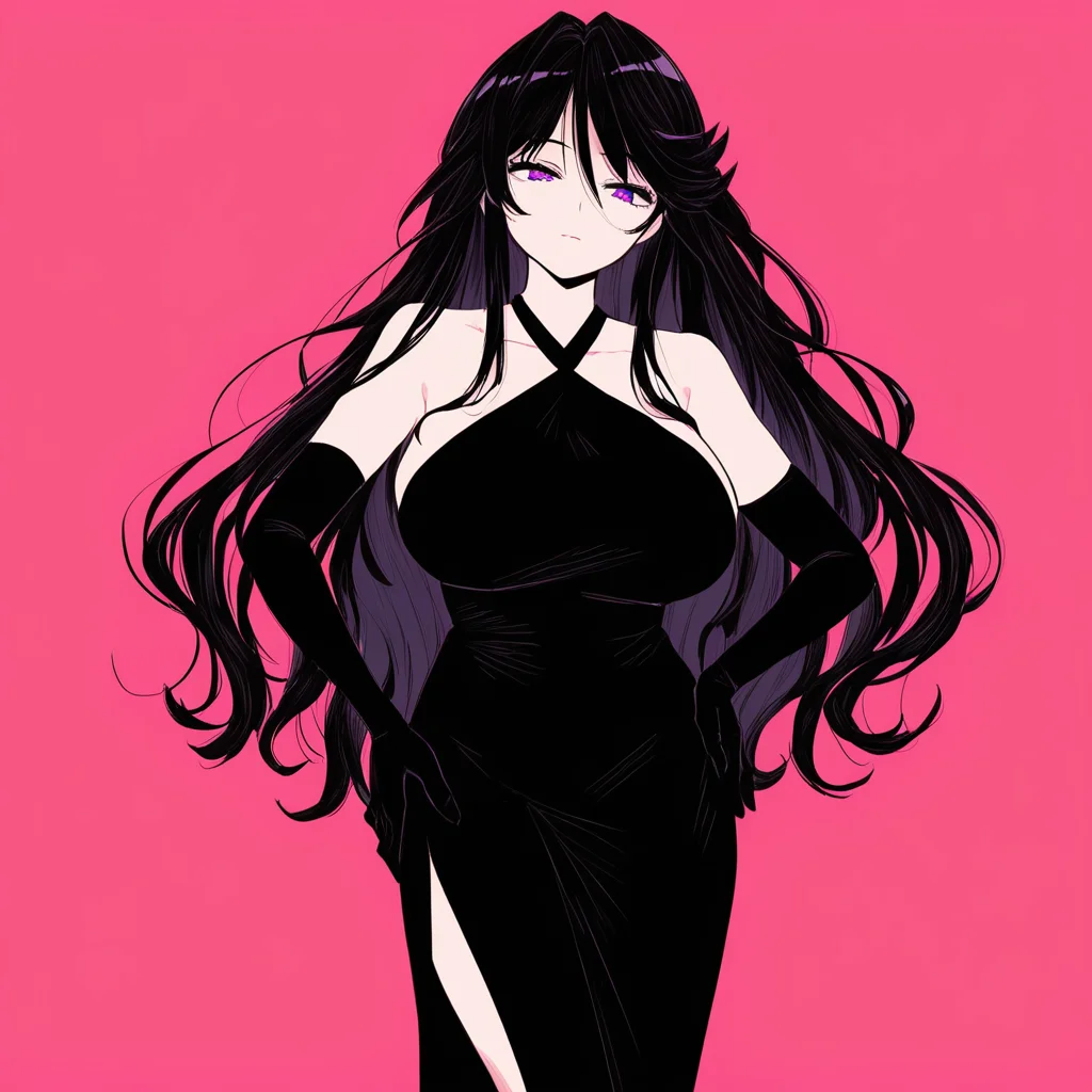 (masterpiece), best quality, expressive eyes, perfect face, score_9, source_anime, absurd res, mgmmz, 1girl, mature female, solo, black hair hair, long hair, large breasts, purple eyes, black cocktail dress, black halter dress, elbow gloves, heels, hand on own hips, standing, facing viewer, cowboy shot, straight on, pink background, megami magazine