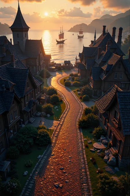 a peacful viking village with a port in which 2 boats are docked. The roads are made of red brick. The homes are made of wood. One bigger building is made of stone. its dawn. A drakkar is on the sea. Fantastic lighting. Detailed shadows.intricate details, vivid colors, hyper-detailed, ultra-sharp<lora:FluxMythR3alisticF:0.4><lora:midjourney_whisper_flux_lora_v01:0.4><lora:aidmaMJ6.1-FLUX-V0.1:0.4><lora:Movie_Portrait:0.4><lora:Flux DetailerV2:0.4>