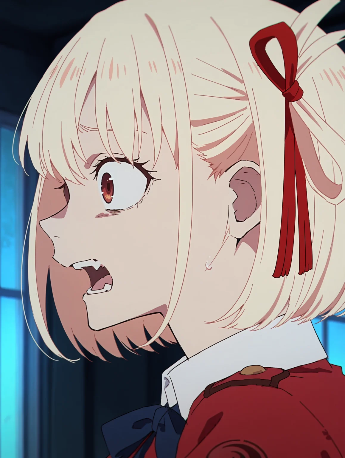 <lora:Ado_Usseewa_Style:1> usseewastyle,sketch,
<lora:Chisato_Nashikigi:0.45>,
nishikigi_chisato, 1girl, solo, blonde short hair, red eyes, red lycoris uniform, logo on shoulder, red hair ribbon, white collared shirt, open mouth, teeth, portrait, shocked, scared, wide open eyes, looking ahead, from side, profile, dark, indoors, blurry background, window, cropped