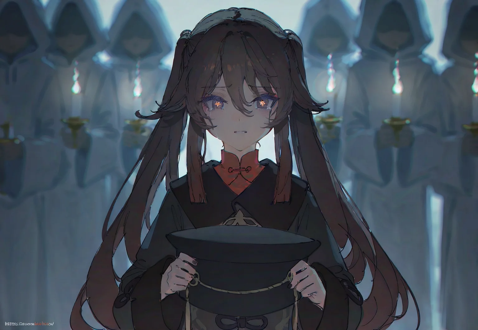 artist:john kafka,artist:rei \(sanbonzakura\),artist:fuzichoco,artist:betabeet,artist:quasarcake,artist:diyokama, best quality, amazing quality, very aesthetic, absurdres, best quality, masterpiece, newest, void 0, genshin impact, hu tao \(genshin impact\), 1girl, 6+others, ambiguous gender, brown eyes, brown hair, candle, flower-shaped pupils, hair between eyes, hat, holding, holding candle, holding hat, holding unworn clothes, hood, hood up, hooded robe, multiple others, robe, solo focus, symbol-shaped pupils, tears, twintails, web address, close-up