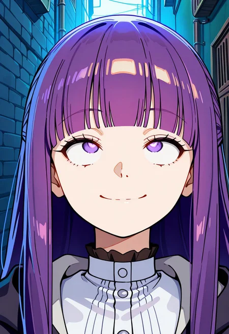 masterpiece, best quality, highres,(crossed eyes:1.5),(rolling eyes:1.2),(wide eyed:1.5),close mouth,smile,Alley,midnight,  1girl, solo, Fern (Sousou no Frieren),purple hair, long hair, bright pupils, blunt bangs, cross3d_3y3s, crossed_eyes, empty_eyes,  <lora:Crossed_eyes_-_Hypnosis_-_Illustrious:1.5>