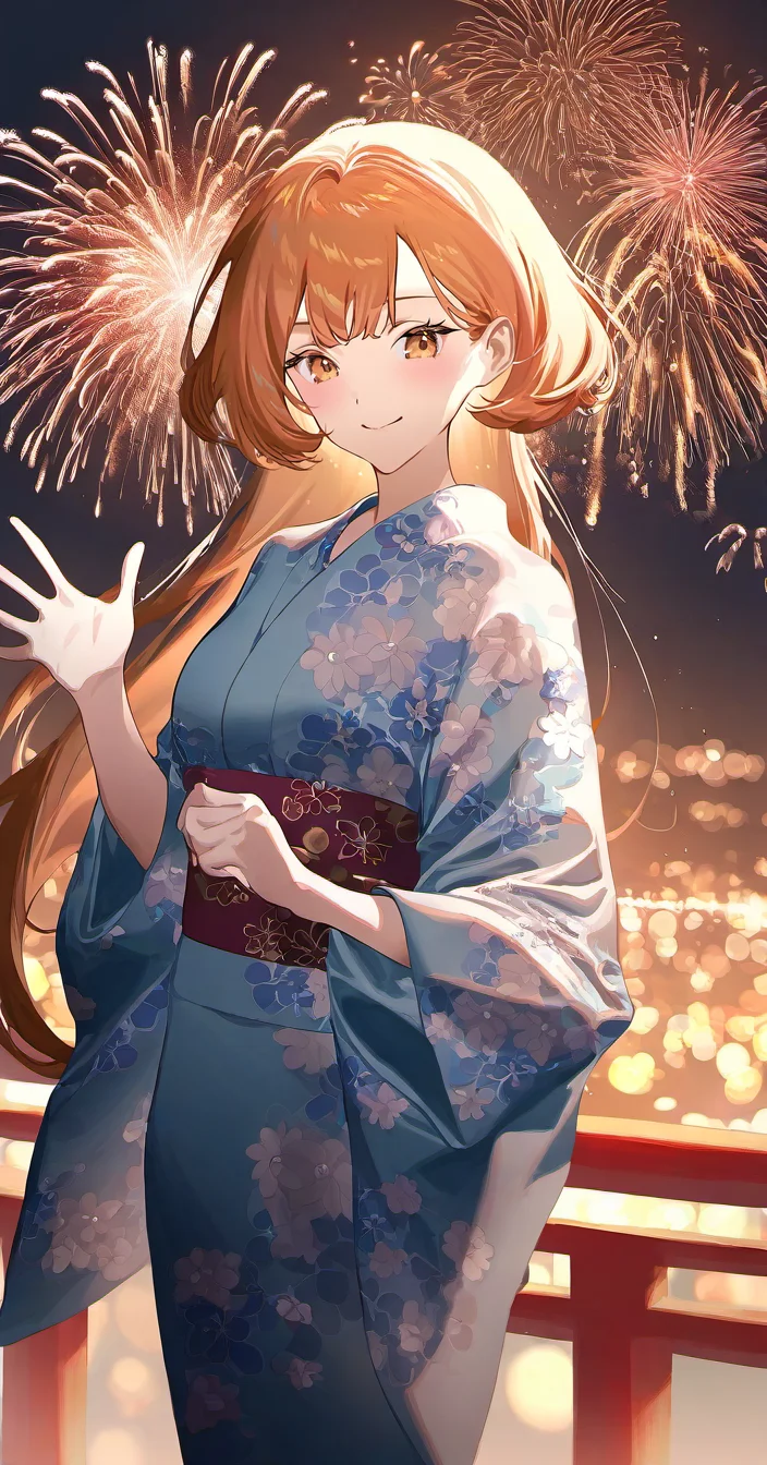 kuragecut,1girl,solo,blush,smile,((bob_cut,very long hair, long hair)),looking at viewer, orange hair, best_quality,masterpiece,modern,outdoors,bridge,fireworks,kimono,japanese clothes,floral_print,obi,breasts, medium breasts,cowboy shot,standing,waving, brown eyes ,<lora:kuragecut_v1_illustrious_xl:1>,artist:rella,fajyobore,[[yoneyama mai]],[[ask (askzy)]],redum4,saihate (d3),miwano rag,[[[mignon]]],year 2023