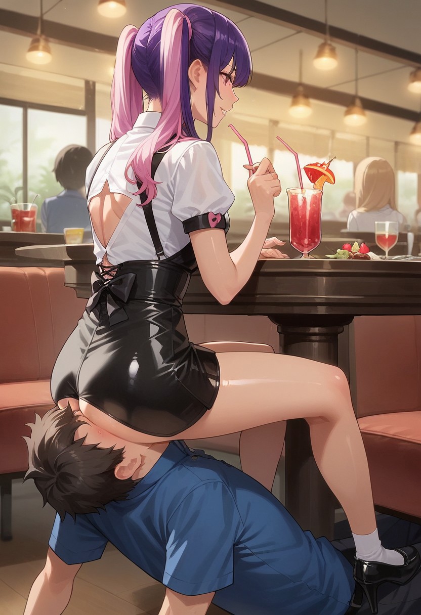 score_9,score_8_up,score_7_up,score_6_up,source_anime, studio lighting, masterpiece, high quality, anime screencap, Human_Chair, forced, abuse, femdom, full body, cafe,
1girl (KJO753, pink hair, purple hair, pink eyes, multicolored hair, long hair, waitress uniform, ((twintails)), skinny, petite, shiny skin, facesitting, drinking a cocktail, cruel female, dominatrix, sits on face, sitting),
BREAK
1boy (faceless boy, human furniture, ass on face)