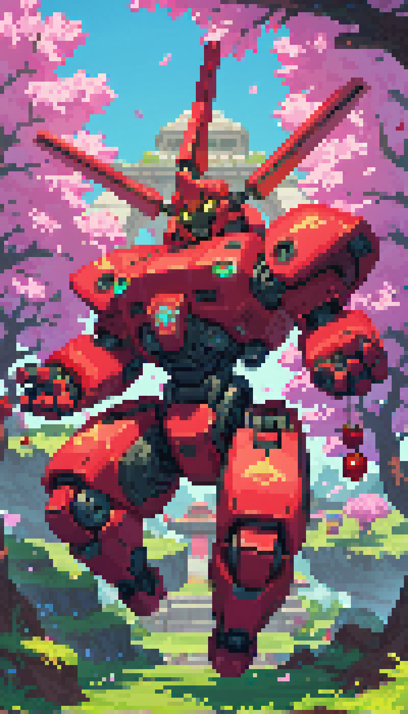 score_9, score_8_up, score_7_up, PDXL,  <lora:TestV1:1>, pixel art, hyperlight, hyper light drifter, floating islands, cherry trees, temple, glowing runes, giant mecha robot holding up the islands