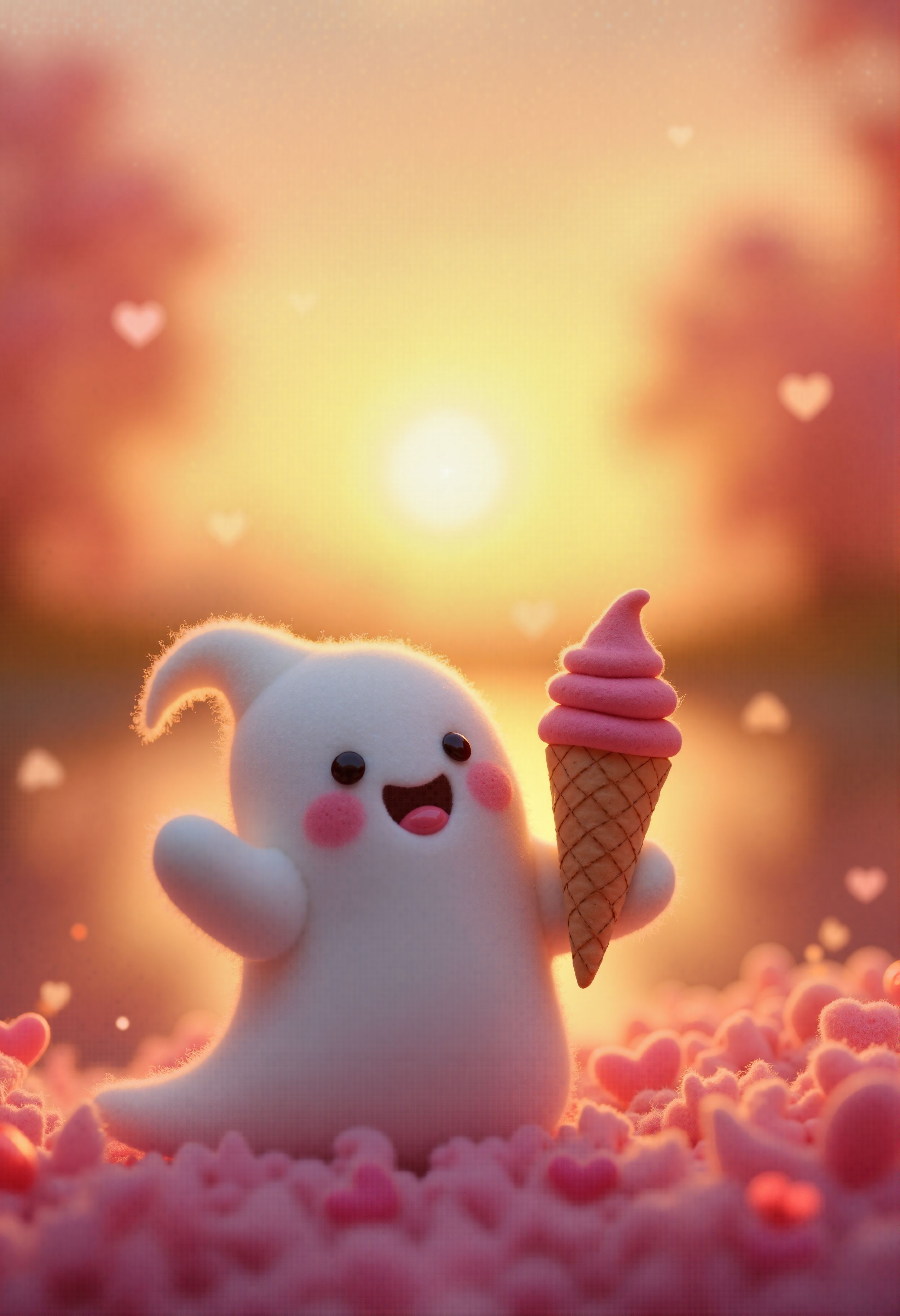 a small, simple, cuddly felt fat ghost , holding an icecream in its tiny hands, gazing directly into the camera with a joyful smile. The scene is so sweet that it melts even the toughest hearts. Describe the loving atmosphere created by the combination of felt, smiles, and hearts diring a beautiful sunrise