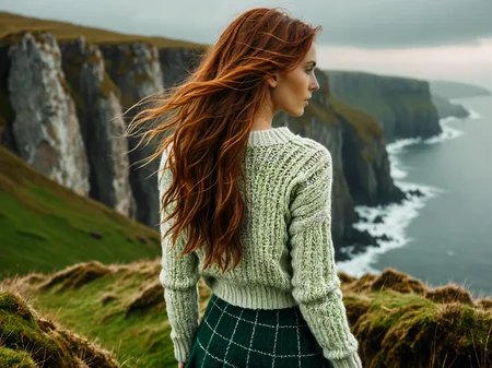 (back facing viewer:2), (rule of thirds, analog photograph, hyperrealistic, masterpiece, 8K, soft cinematic lighting, cold|dreary atmosphere, windy:1.75), (tall woman, very long messy hair, overlooking the cliffs of Moore, (tight) white knitted aran sweater, short plaid green skirt:1.5), pale skin, redhead, skinny <lora:RMSDXL_Enhance:1.5> <lora:RMSDXL_Creative:0.75>