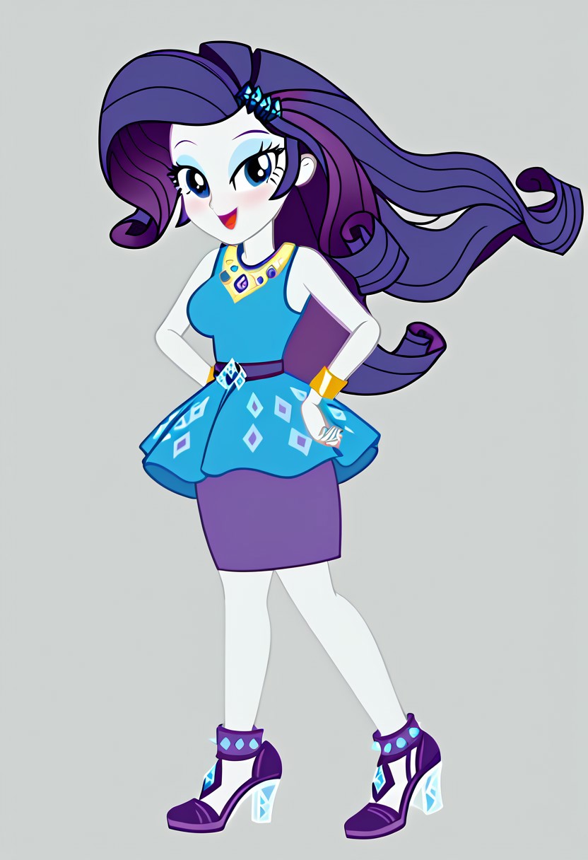 (High Resolution), (More Details), (8K), (High Resolution), Rarity, equestria girls, 1 girl, rarity peplum dress, pencil skirt, purple skirt, shielding geode, Jewelry, bracelets, High heels, Full body, Sexy and sensual model body, pose, seductive and flirtatious look, beautiful, attractive, Mature body, big breasts,