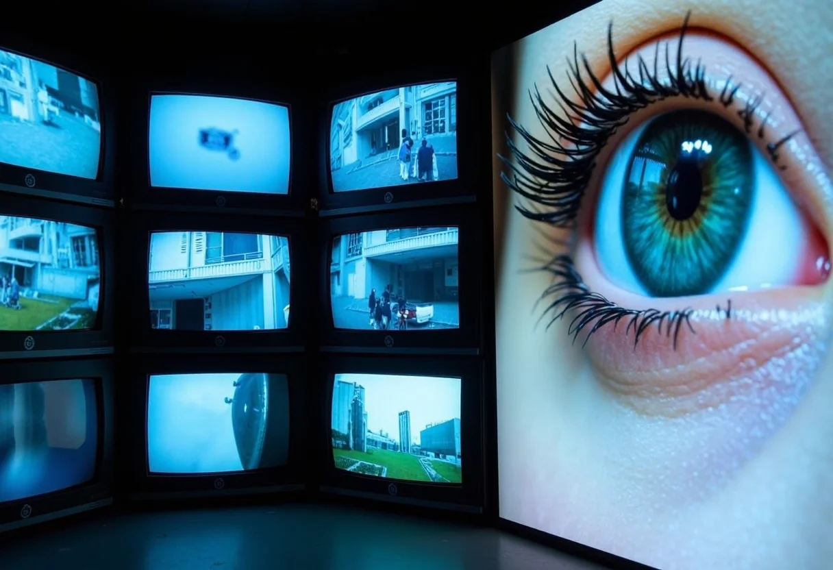 Multi-screen video wall display showing extreme close-up of woman's eye, grid of video monitors with different fragments of image, blue-tinted lighting effect, CRT monitor bezels visible between screens, artistic video installation aesthetic, detailed macro shot of eye with visible eyelashes, abstract video fragments on surrounding screens, security monitor wall appearance, digital art installation style, high contrast between dark bezels and bright screens, contemporary media art presentation, surveillance aesthetic, dramatic close-up photography technique, electronic display matrix configuration