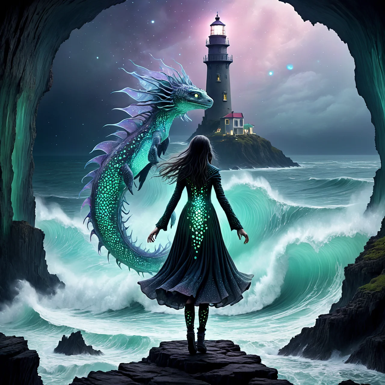 a magnificent mature female android jumping in a rocky island, lighthouse, huge waves, very detailed, intricate, dw01-3400, pastel colour palette