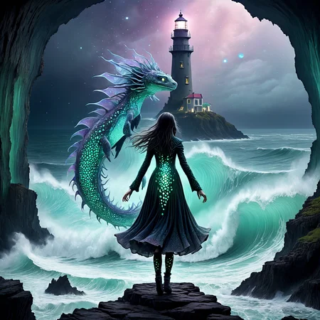 a magnificent mature female android jumping in a rocky island, lighthouse, huge waves, very detailed, intricate, dw01-3400, pastel colour palette