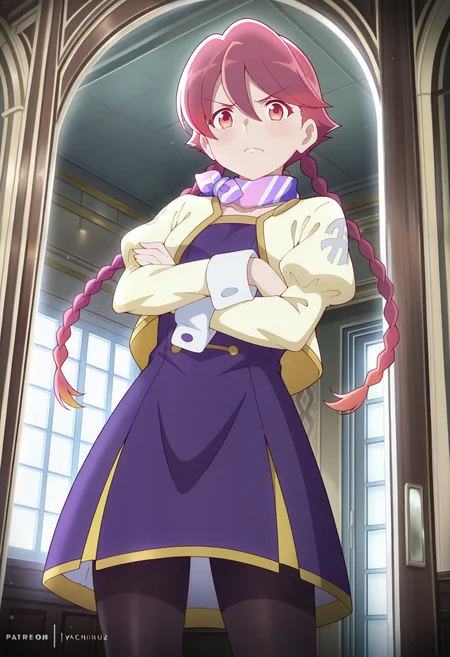 masterpiece, best quality,  absurdres, highres, cinematic light, 1girl,  <lora:yachiyo:1>, yachiyowz, red hair, long hair, twin braids, hair between eyes, gradient hair, red eyes, scarf, multicolored scarf, striped scarf, purple dress, yellow jacket, cropped jacket, long sleeves, juliet sleeves, black pantyhose, from below, standing, crossed arms, hotel, indoors, architecture, crossed arms, angry, looking at viewer, eufoniuz, lobby, glass door,