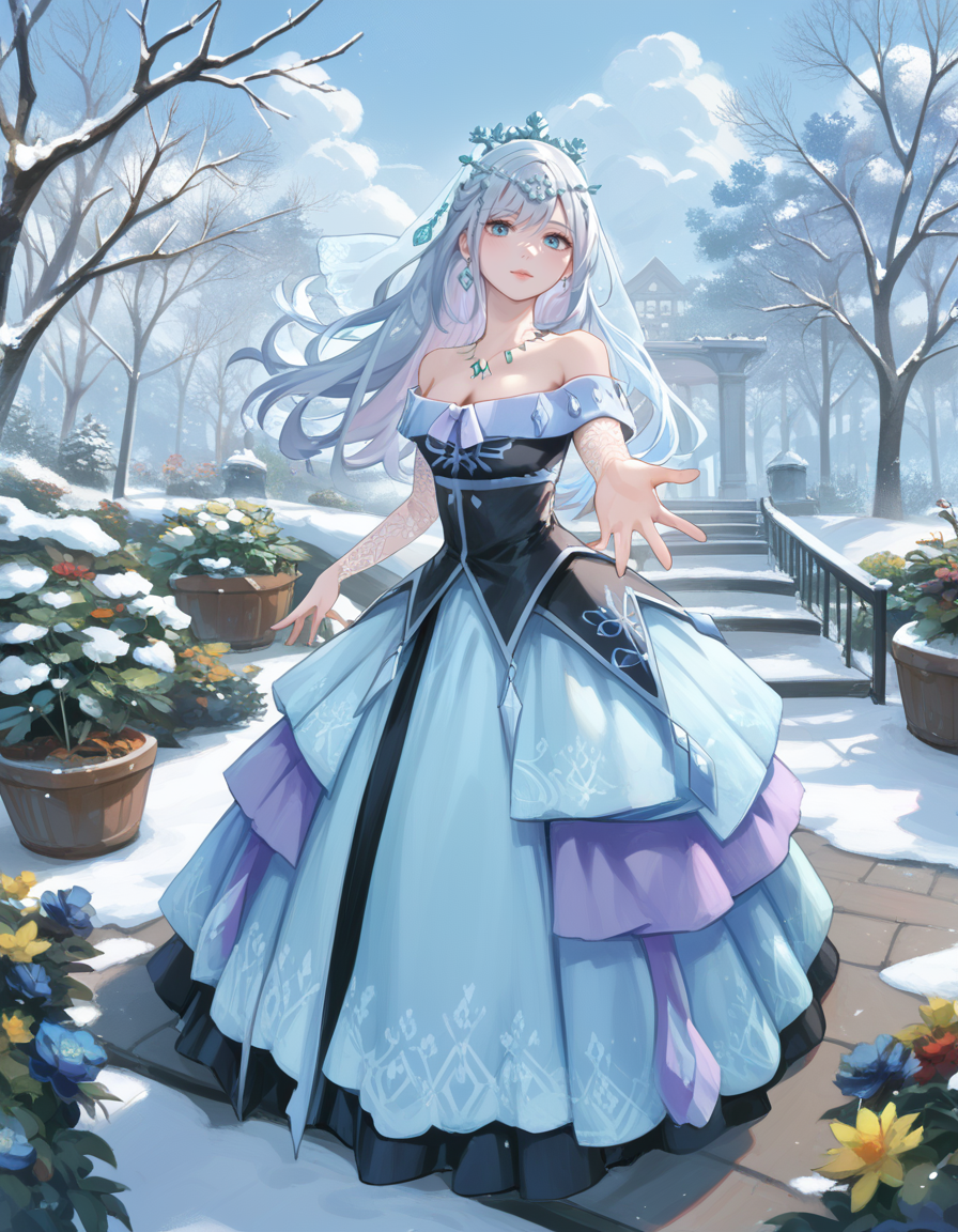(score_9:0.9),score_8_up,score_7_up,rating_safe,(zPDXL3),(zPDXL),
<lora:Teardrop the Rikka Queen ponyXL v1.1:0.83>,
winter,garden,snow,
teardrop the rikka queen,1girl,solo,snowflakes,looking at viewer,blue theme,standing,sky,cleavage,full body,snowflake tiara,snowflake print detached sleeves,cyan bridal veil,crystal necklace,black strapless leotard,layered dress,outstretched hand,