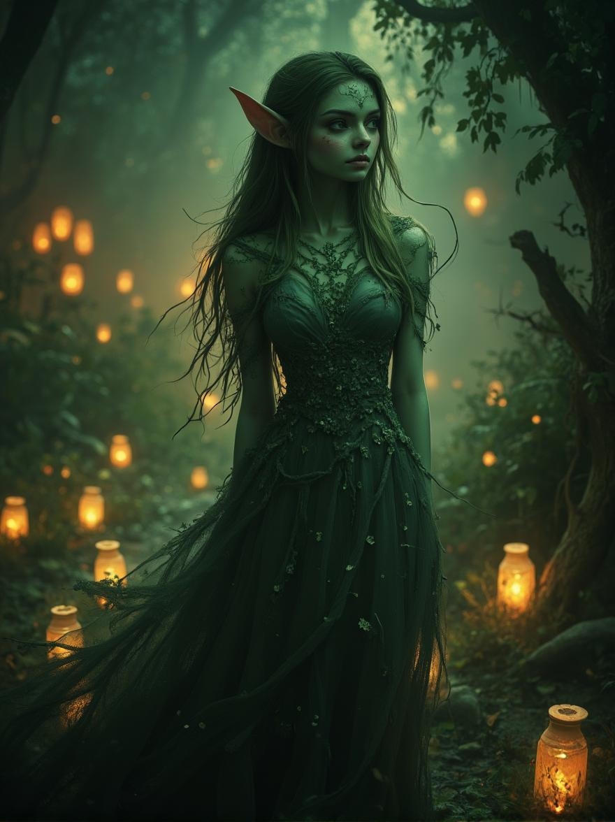 <lora:Green_cuties-000004.safetensors:1> A grainy, poorly lit image captures
In this digital artwork, a green-skinned female figure with elf ears wears a flowing floral dress amidst a dimly lit atmosphere illuminated by glowing lanterns.