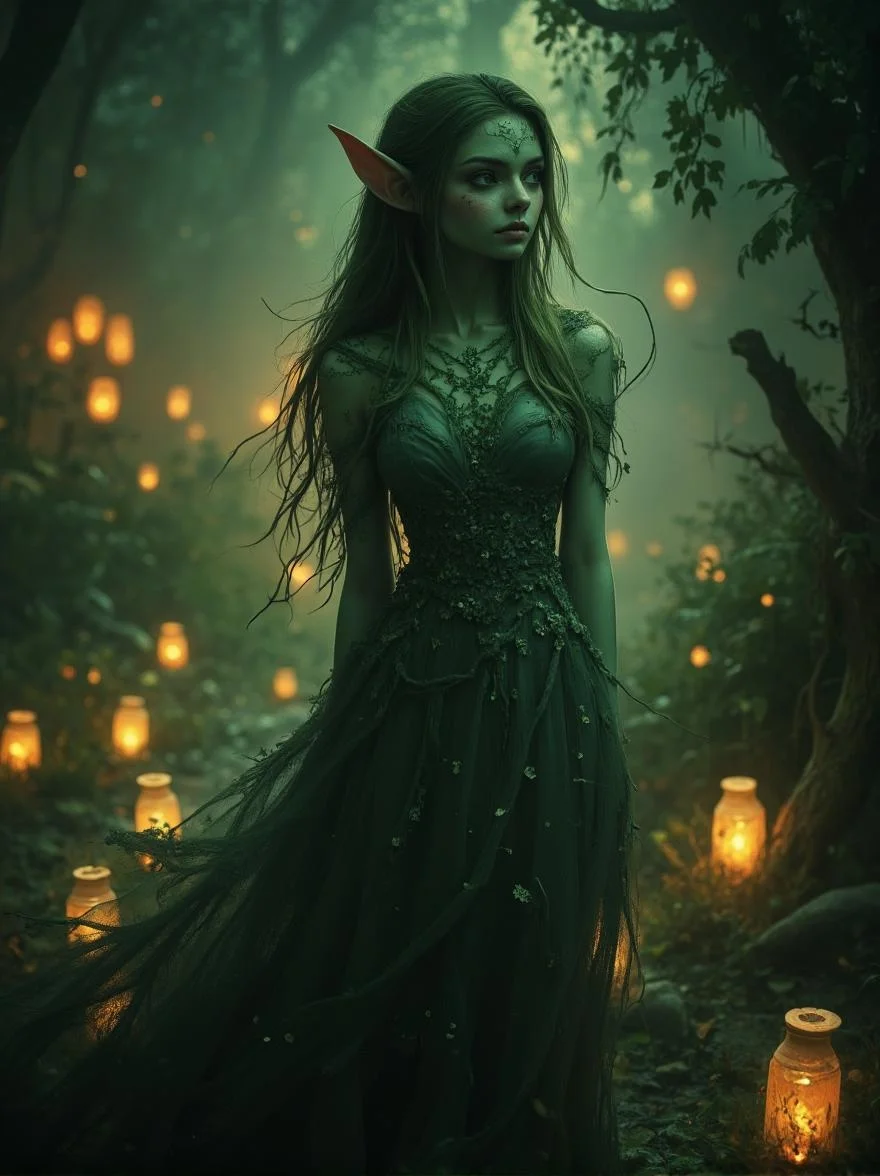 <lora:Green_cuties-000004.safetensors:1> A grainy, poorly lit image captures
In this digital artwork, a green-skinned female figure with elf ears wears a flowing floral dress amidst a dimly lit atmosphere illuminated by glowing lanterns.