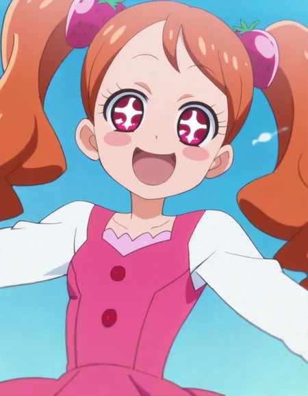 score_9, score_8_up, score_7_up, anime screencap, solo,1girl,usamiichika, strawberry hair ornament, solo, hair ornament, open mouth, +_+, smile, blush stickers, :d, long sleeves, looking at viewer,cowboy shot,small breasts,blush<lora:usamiichika:0.8>