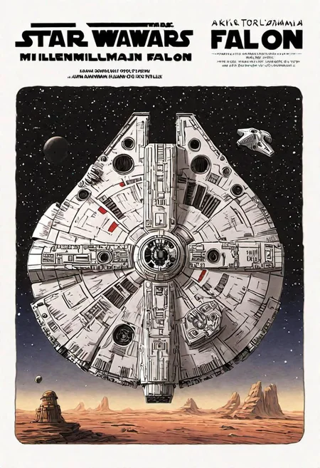 Manga book cover of star wars Millennium Falcon, side view, book cover with text "Star Wars", Akira toriyama style , blank background , full colour, hand drawing