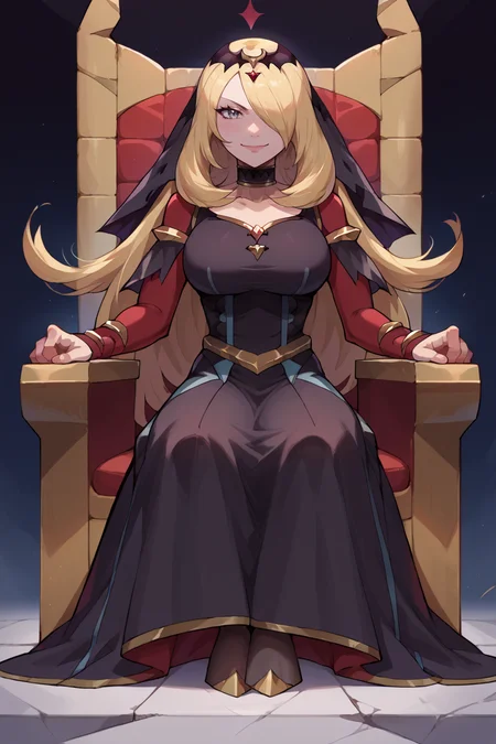 score_9, score_8_up, score_7_up, score_6_up, source_anime BREAK 1girl, solo <lora:pkmncynthia-pdxl-nvwls-v1-000006:1> renCyn, hair over one eye, tiara, veil, choker, black dress, red sleeves, pantyhose, (big breasts:0.8), sitting, throne, looking at you, smile
