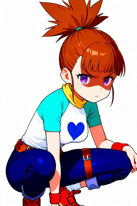 masterpiece, High quality, Ultra detailed, 2d, newest, absurdres, highres, BREAK
1girl, solo, <lora:makino_ruki:0.8>, ruki_makino, high ponytail, brown hair, purple eyes, 
medium breasts, rukidef, raglan sleeves, scarf, t-shirt, heart print, wristband, belt, pants, jeans, thigh strap, pants rolled up, socks, shoes, 
looking at viewer, squatting, angry, shaded face,