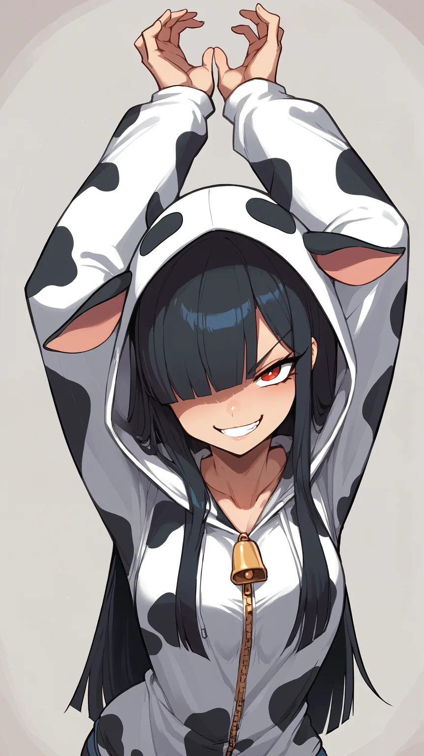 score_9,score_8_up,score_7_up,score_6_up, source_anime, girl, <lora:Frerry_epoch_15:0.7>, Frerry, dynamic pose, head down, black hair, straight hair, blunt bangs, hair over one eye, long hair, red eyes, smug smile, cow onesi, cow print, animal costume, hoodie, unzipped, clevage,
