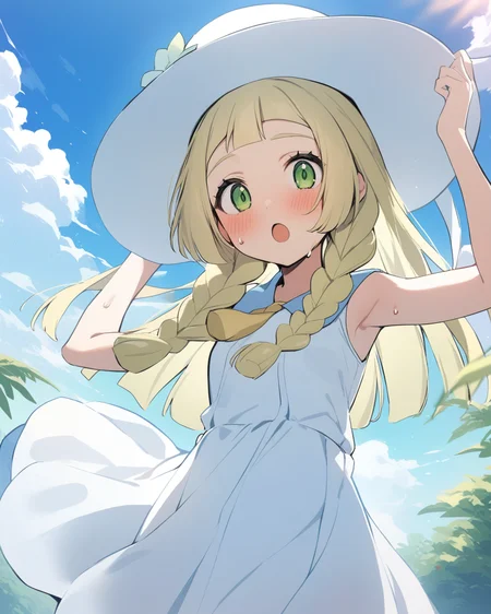 masterpiece,best quality,<lora:lillie_(pokemon):1>,collared_dress, highres, solo, cloud, 1girl, sun_hat, outdoors, sundress, twin_braids, white_headwear, blush, arm_up, open_mouth, eyelashes, see-through, white_dress, looking_at_viewer, sweat, :o, lillie_\(pokemon\), day, commentary_request, sleeveless_dress, comic, sky