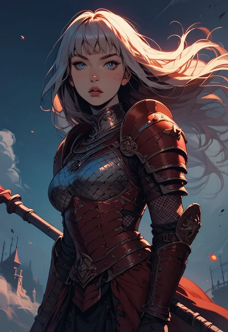 Score_9, Score8_up, Score_7_up, (((High Resolution, Best Quality))), 
1girl, beautiful, breasts, scale armour, battle scarred, damaged armor, fishnets under armor, bangs, long hair, red plated armour, holding staff, battle stance, dynamic angle, ancient fantasy city, battle-ready stance, dynamic pose, at night, moonlight, riding a nimbus cloud, nimbus, wukong theme, directional lighting, viewed from above,