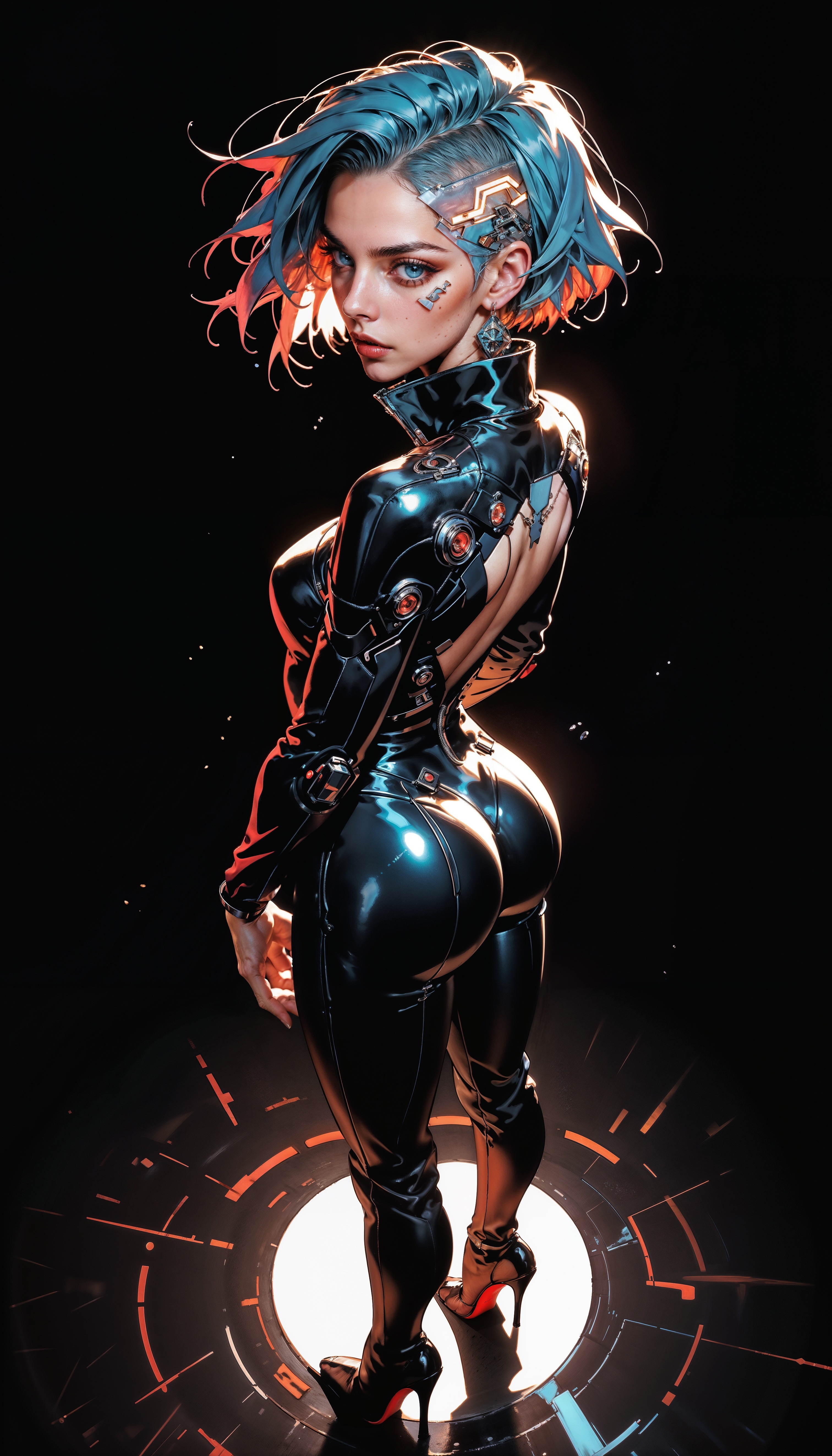 score_9, score_8_up, score_7_up, score_6_up, score_5_up, score_4_up,  source_anime, Best quality, Depth of field, blue and white color theme, anime style, Beautiful face and skin, Single woman, Cyberpunk city, standing, From above, Short hair, Closed mouth, Glossy lips, Shiny eyes, Slanted eyes, leather suit, big butt, booty, bubble butt, provocative, ass view, bare ass, unzipped suit, pulled down pants, seductive, High heels, Model pose, Dynamic pose, Simple background, Neon lights, Backlit lens flare  <lora:Expressive_H-000001:0.6>, expressiveH    <lora:g0th1cPXL:0.4> <lora:incase_style_v3-1_ponyxl_ilff:0.3>    <lora:sinfully_stylish_SDXL:0.4>