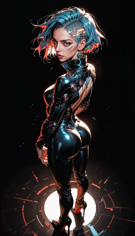 score_9, score_8_up, score_7_up, score_6_up, score_5_up, score_4_up, source_anime, Best quality, Depth of field, blue and white color theme, anime style, Beautiful face and skin, Single woman, Cyberpunk city, standing, From above, Short hair, Closed mouth, Glossy lips, Shiny eyes, Slanted eyes, leather suit, big butt, booty, bubble butt, provocative, ass view, bare ass, unzipped suit, pulled down pants, seductive, High heels, Model pose, Dynamic pose, Simple background, Neon lights, Backlit lens flare <lora:Expressive_H-000001:0.6>, expressiveH <lora:g0th1cPXL:0.4> <lora:incase_style_v3-1_ponyxl_ilff:0.3> <lora:sinfully_stylish_SDXL:0.4>