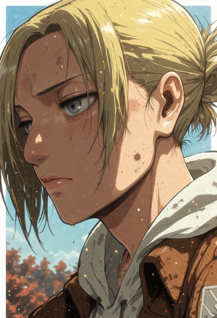 score_9, score_8_up, score_7_up,source_anime, high res image, masterpiece, best quality, masterpiece, newest, absurdres, best quality, hires, 
BREAK 1girl, solo, annleo, blonde hair, folded ponytail, grey eyes, pink lips,
brown jacket, white hoodie, paradis_military_uniform, hood_down, chest_harness, training_corps_(emblem),
closeup to face, portrait, tired, outside border
outdoors, blue sky, day, red evening sun
cinematic angle, detailed background, beautiful background, (rays light:1.0),(grow:1.0), light particles <lora:sai_xl_depth_128lora:1> motion lines, from both sides