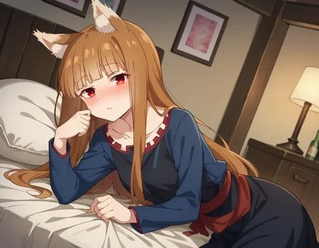 score_9, score_8_up, score_7_up, source_anime,
wolfholo, <lora:wolf-holo-alpha-ponyxl-lora-nochekaiser:1>
holo, red eyes, bangs, blunt bangs, sidelocks, animal ears, fox ears, brown hair, long hair,
dress, long sleeves, collarbone,
indoors, bed, bed room, on side, blush, drunk,
looking at viewer, cowboy shot, dutch angle,