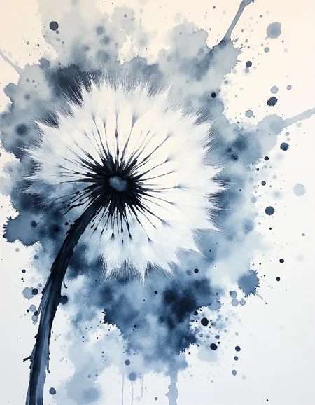 ArsMJStyle, Zen Ink Wash Sumi-e, close-up of a dandelion, abstract, wild wet ink splashes