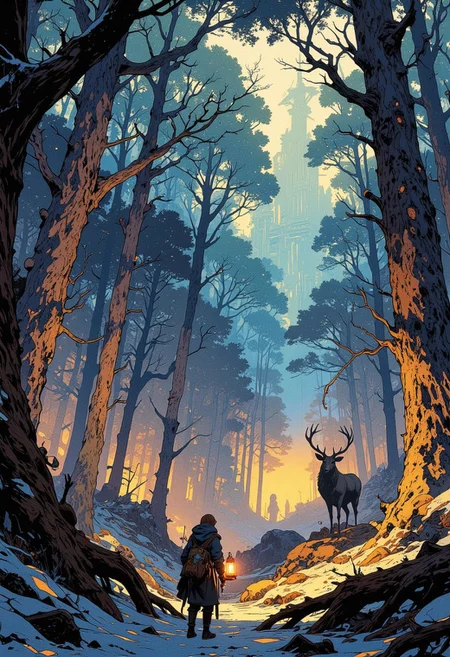 A mystical forest stretches endlessly, its trees formed entirely of crystalline glass. The intricate branches and leaves refract the faint twilight, casting scattered rainbows that dance across the shimmering ground. Every surface gleams with an ethereal beauty, creating an otherworldly kaleidoscope of colors. Hanging low over the forest floor, a glowing mist weaves between the trunks, soft and luminous, as if the air itself holds fragments of light. A lone wanderer moves cautiously through the forest, their small lantern casting a warm, flickering glow. The light from the lantern scatters like tiny fireflies, reflecting off the crystalline surfaces and creating rippling patterns of gold and amber in the mist. Beneath their careful steps, shards of glass crunch softly, the sound echoing faintly in the otherwise silent expanse. In the distance, a majestic stag watches silently. Its massive form glows faintly, its antlers appearing as molten gold, radiating a soft, warm light that contrasts against the cool blues and silvers of the forest. The stag stands still, its presence both haunting and serene, as though it guards the forest’s secrets. Its glowing eyes seem to pierce the mist, locking onto the wanderer as if inviting them deeper into the crystalline expanse. The atmosphere is one of quiet wonder and fragile tension, a place where beauty and danger coexist.