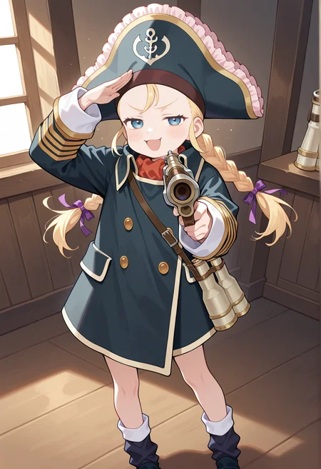 1girl, blue eyes, twin braids, blonde hair, sidelocks, pirate hat, ascot, coat, binoculars, socks, full body, salute, smug, open mouth, indoors, holding flintlock, aiming at viewer, <lora:Patty_Fleur:1>, masterpiece, best quality, amazing quality, very aesthetic, absurdres, highres, newest