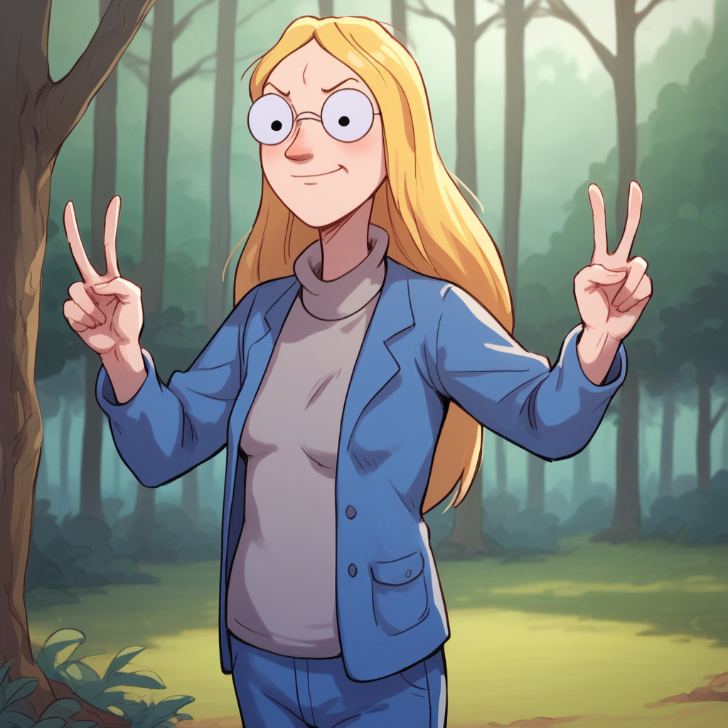 score_9_up, score_8_up, score_7_up, BREAK, Mum, 1girl, solo, blonde hair, long hair, black eyes, glasses, grey turtleneck sweater, blue jacket, blue pants, cowboy shot, double v, <lora:Mum_HorridHenry_PXL_Leaf1:1>, forest,